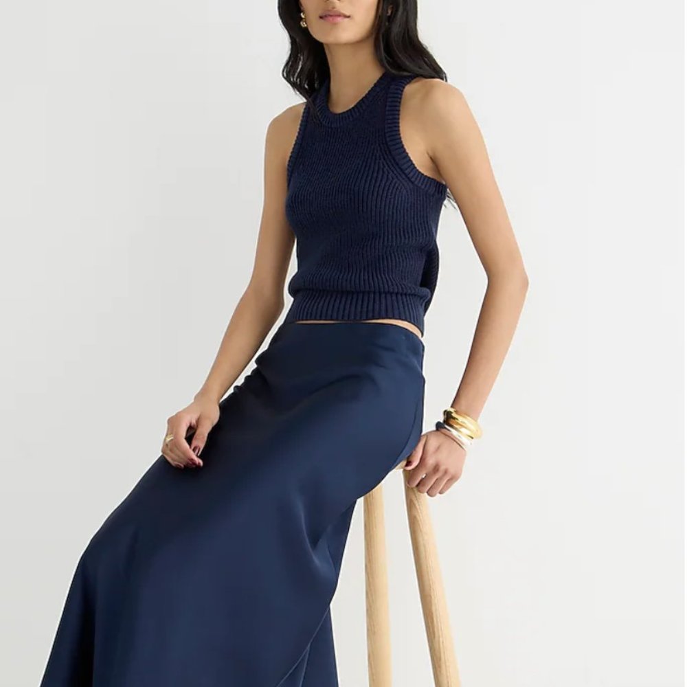 J. Crew Gwyneth Slip Skirt in Navy, midi satin